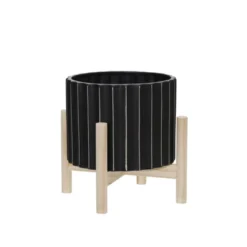 Sagebrook Home Fluted Round Ceramic Planter Pot With Wood Stand Black -Home Improvement Store GUEST 0be64231 a3a7 472c 9594 797131cd3b9f
