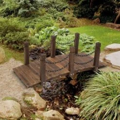 Outsunny 5 Ft Wooden Garden Bridge Arc Footbridge With Metal Chain Railings & Solid Fir Construction, Stained Wood