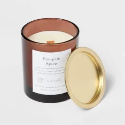 Clear Colored Glass With Woodwick And Brass Metal Inset Lid Pumpkin Spice - Threshold™ -Home Improvement Store GUEST 0f1ab2d8 1770 4918 b056 6328d597fa18