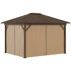 Outsunny 11.9" X 9.8" Hardtop Gazebo With Curtains And Netting, Permanent Pavilion Metal Roof Gazebo Canopy With Aluminum Frame And Top Hook, Brown -Home Improvement Store GUEST 22bd628b e540 4a29 a0d9 f3335745b14f