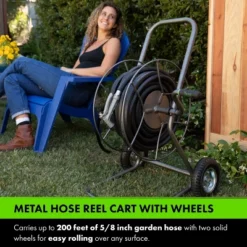 Yard Butler Hose Reel Cart With Wheels - Heavy Duty 200 Foot Metal Hose Reel - Suitable For Gardens, Lawns And Outdoor - IHT-2EZ