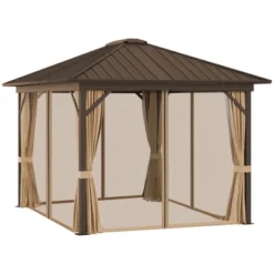 Outsunny 11.9" X 9.8" Hardtop Gazebo With Curtains And Netting, Permanent Pavilion Metal Roof Gazebo Canopy With Aluminum Frame And Top Hook, Brown -Home Improvement Store GUEST 2e8389e4 0010 4d88 a87e 911d0431675b