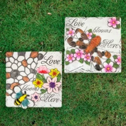 Northlight Set Of 2 'Love Blooms Here' Floral Outdoor Garden Stones 7"