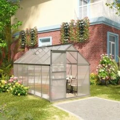 Outsunny Aluminum Greenhouse, Polycarbonate Walk-in Garden Greenhouse Kit With Adjustable Roof Vent, Rain Gutter And Sliding Door For Winter, Silver -Home Improvement Store GUEST 62e024d4 a319 4bcd 852f f158ddf9c59b
