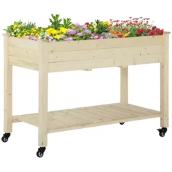 Outsunny 47" X 21" Raised Garden Bed, Elevated Wooden Planter Box W/ Lockable Wheels, Storage Shelf, And Bed Liner For Backyard, Patio -Home Improvement Store GUEST 860e2c4b 7741 4c2f 9ede 6c5b10d9f658
