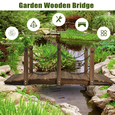 Costway 5 Ft Wooden Garden Bridge Arc Footbridge Stained Finish Walkway W/Rails 6 Costway 5 Ft Wooden Garden Bridge Arc Footbridge Stained Finish Walkway W/Rails - Image 4
