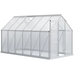Outsunny Aluminum Greenhouse, Polycarbonate Walk-in Garden Greenhouse Kit With Adjustable Roof Vent, Rain Gutter And Sliding Door For Winter, Silver -Home Improvement Store GUEST 97df2326 6cde 49c4 bf0e dac18e0f2f93