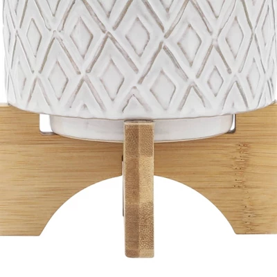 Sagebrook Home 6" Wide Ceramic Diamond Etched Flower Planter Pot With Wooden Stand Beige 8 Sagebrook Home 6" Wide Ceramic Diamond Etched Flower Planter Pot With Wooden Stand Beige - Image 6