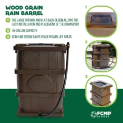 FCMP Outdoor WG4000 45 Gallon Wood Grain Outdoor Home Rain Water Catcher Barrel Flat Back Container With Spigots And Mesh Screen, Brown -Home Improvement Store GUEST 9da25afa 9e69 4535 bdd4 e95507f100c3