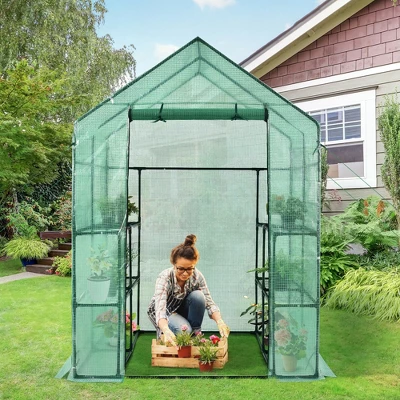 Costway Walk-in Greenhouse 56''x56''x77'' Gardening W/Observation Windows 2 Tier 8 Shelves 3 Costway Walk-in Greenhouse 56''x56''x77'' Gardening W/Observation Windows 2 Tier 8 Shelves