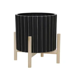 Sagebrook Home Fluted Round Ceramic Planter Pot With Wood Stand Black -Home Improvement Store GUEST bd61f417 4136 4aa6 a8f3 6c84babfc31a