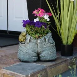 11" Wide Planter Rugged Jeans Flower With Pocket Frog Design - Alpine Corporation