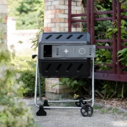 FCMP Outdoor IM4000-WK 37 Gallon Plastic Dual Chamber Tumbling Composter Outdoor Elevated Rotating Garden Compost Bin With Wheels, Black/Black -Home Improvement Store GUEST df9d2c1b 0502 44c8 b471 37bb7cb0d20c