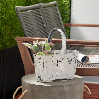 12" Wide Planter Large Distressed Novelty Farmhouse Style Metal With Handle And 2 Pots White - Olivia & May 3 12" Wide Planter Large Distressed Novelty Farmhouse Style Metal With Handle And 2 Pots White - Olivia & May